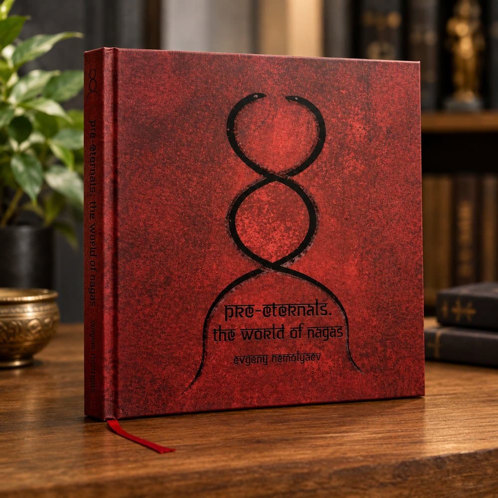 Pre-eternals: The World of Nagas by Evgeny Nemolyaev: a deep red hardback with two serpents coiled into a vertical figure of three loops