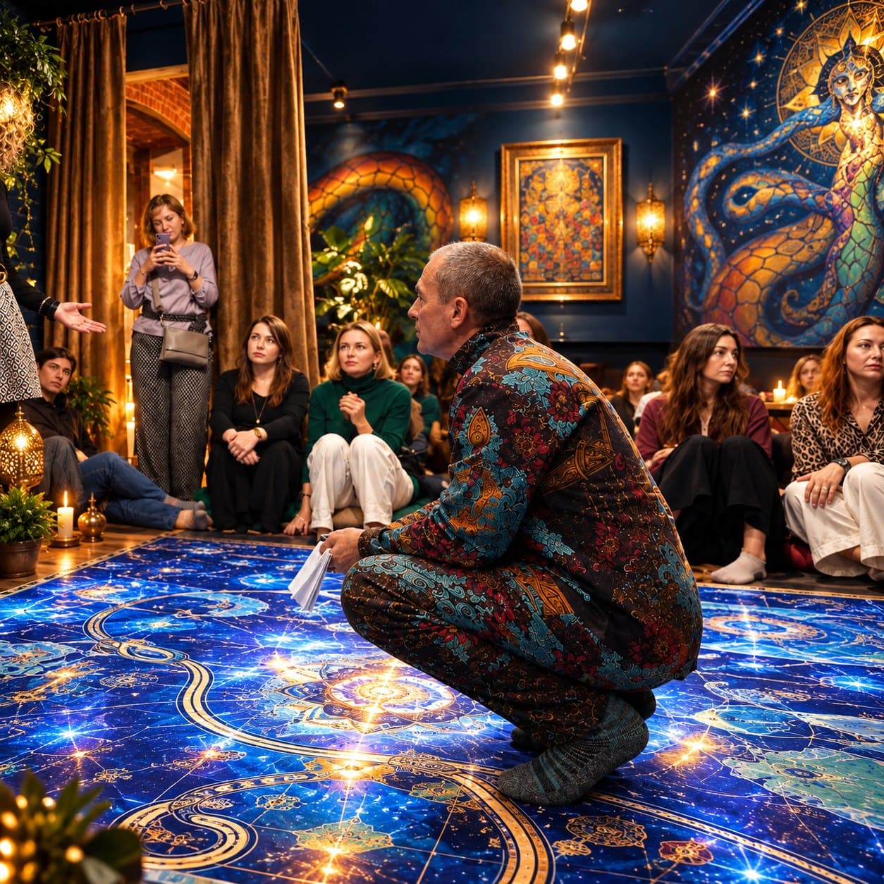 A group session of Leela: the teacher crouched over a full-size floor board, students seated around it